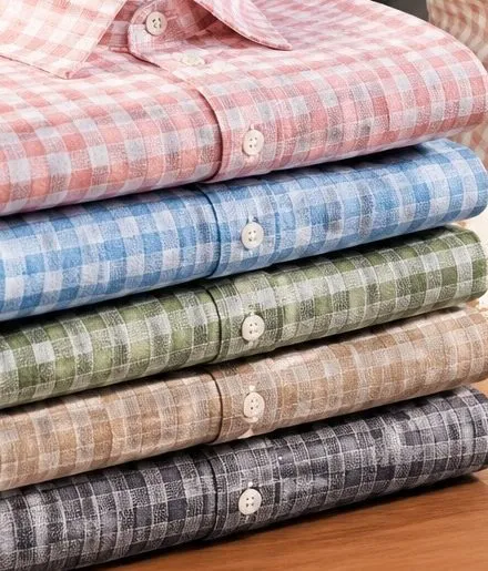 Folded linen mini check shirts in rose, sky, sage, sand and charcoal