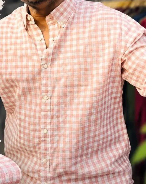 Rose pure linen mini check shirt worn with rolled sleeves